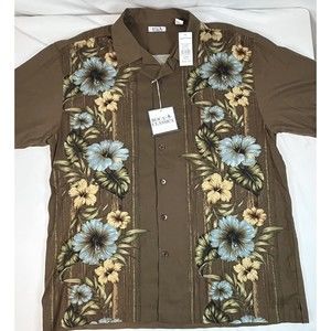 Vintage Boca Classics Shirt Men's L Green Short Sleeve Button Up Blue Hibiscus